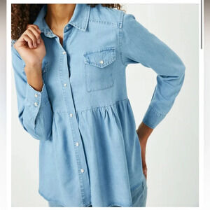 Hayden LA Snap Button Babydoll Button Down Peplum Western Tencel Shirt Large